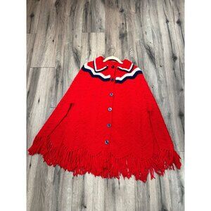 Vintage Red White and Blue American Crochet Poncho With Fringed Hem & Buttons Gr